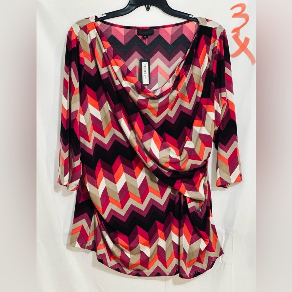 LADIES WHITE TOP WITH RASPBERRY, ORANGE, TAN & BLACK STRIPES